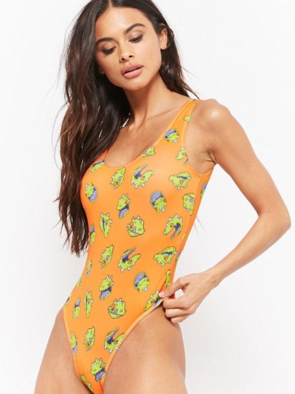 Forever 21 Orange Green Rugrats Graphic One-Piece Swimsuit Small S